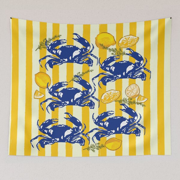 Item preview, Vibrant Yellow Stripes Blue Crabs Lemon Coastal Summer Illustration designed and sold by MaiZephyr.