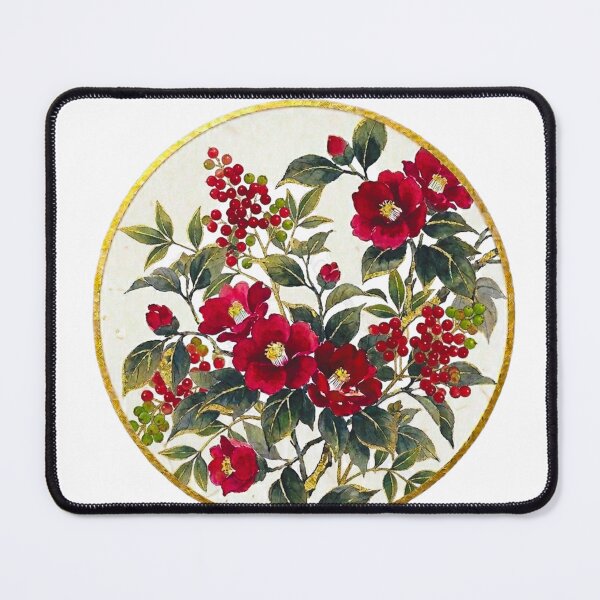 Item preview, Red Camellia and Golden Winter Berries - Traditional Japanese Art designed and sold by Kokeshidreams.