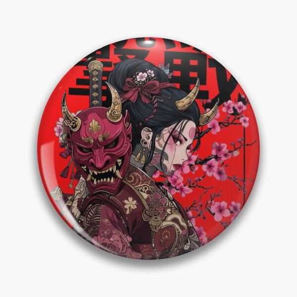 Item preview, Japanese Samurai Woman with Red Oni Mask and Cherry Blossoms designed and sold by AetherLondonCo.