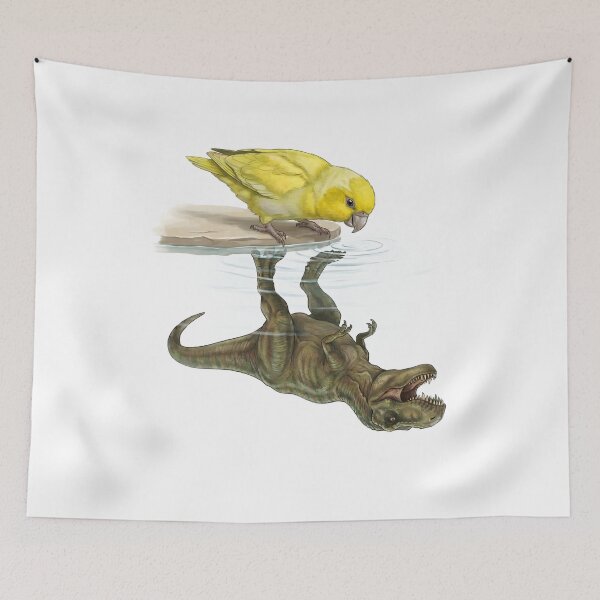 Aperçu de l'œuvre Perruche jaune rigolote, reflet d'un T-Rex dinosaure, maman papa perroquet amoureux créée et vendue par DoodleTortle.