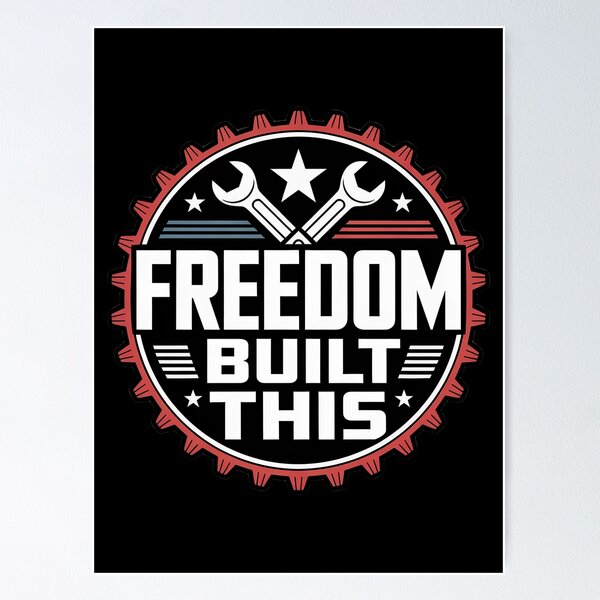 Item preview, Freedom Built This Industrial Patriotic Gear Emblem designed and sold by OldGloryForge.