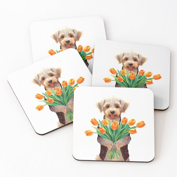 Item preview, Schnoodle Dog with Orange Tulips Art designed and sold by Kedspicedesign.