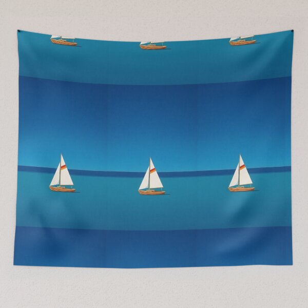 Item preview, Minimalist Solitude | Geometric Sailboat on Deep Blue | Mediterranean Flat Art designed and sold by SergioMiklos.