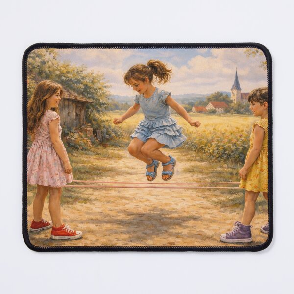 Item preview, Childhood Game with Elastic Band in a Summer Village Yard – Impressionist Nostalgic Scene designed and sold by slikar.