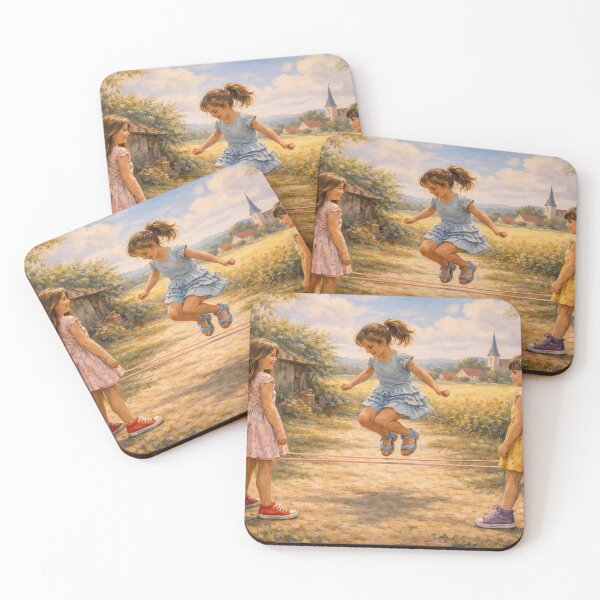 Item preview, Childhood Game with Elastic Band in a Summer Village Yard – Impressionist Nostalgic Scene designed and sold by slikar.