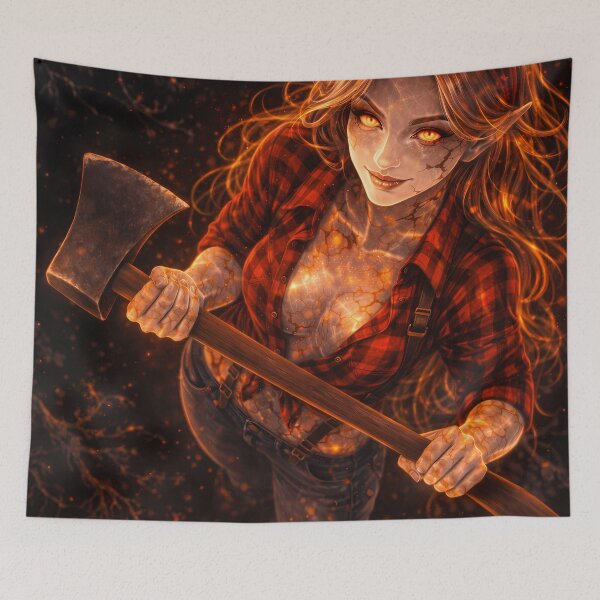Item preview, Fiery Demon Girl With Axe Dark Fantasy Art designed and sold by KnitOfShadoF.