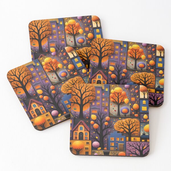 Item preview, Whimsical Autumn Townscape Collage with Glowing Trees and Cozy Houses designed and sold by Kaleidoscope Print.