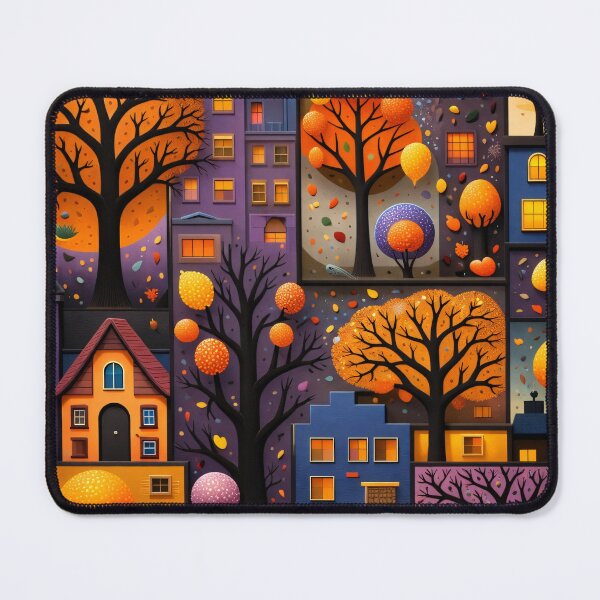 Item preview, Whimsical Autumn Townscape Collage with Glowing Trees and Cozy Houses designed and sold by Kaleidoscope Print.