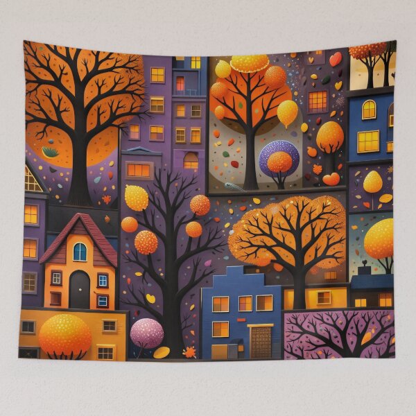 Item preview, Whimsical Autumn Townscape Collage with Glowing Trees and Cozy Houses designed and sold by Kaleidoscope Print.