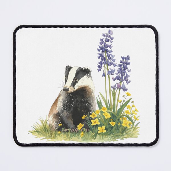 Item preview, A Badger Sitting Next to Bluebell and Primrose Flowers designed and sold by Soulstar Designs.