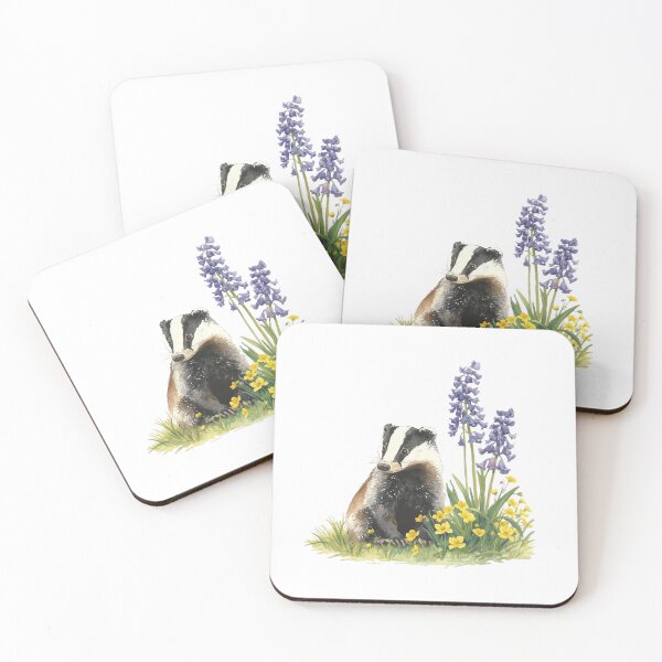Item preview, A Badger Sitting Next to Bluebell and Primrose Flowers designed and sold by Soulstar Designs.