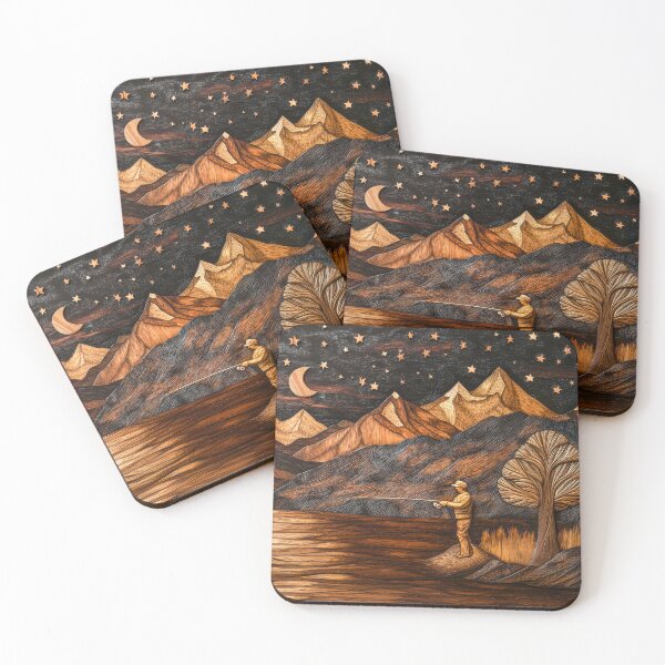 Item preview, Rustic Fisherman  Wood Carved Mountains – Starry Night Sky Landscape Art for Nature Lovers designed and sold by MargaretWiktor.