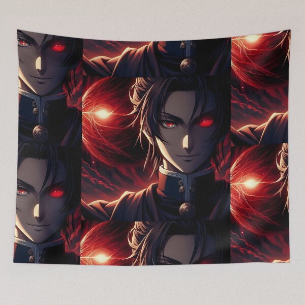 Item preview, The Devil's Mirror: Enigmatic Anime Villain with Crimson Eyes, a Wicked Smirk, and a Corrupted Red Power Core against a Dark Sky designed and sold by MouradStudio.