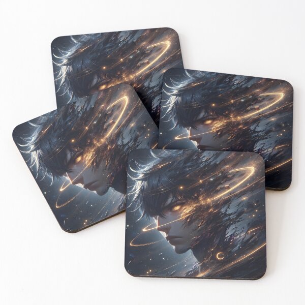 Item preview,  Tragic Cosmos: Detailed Anime Boy Head Portrait Disintegrating into Stars, Planets, and Golden Orbits in Deep Space designed and sold by MouradStudio.