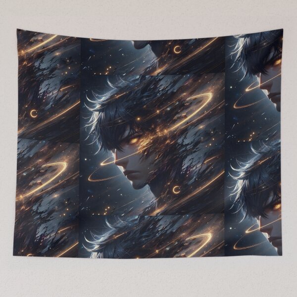 Item preview,  Tragic Cosmos: Detailed Anime Boy Head Portrait Disintegrating into Stars, Planets, and Golden Orbits in Deep Space designed and sold by MouradStudio.