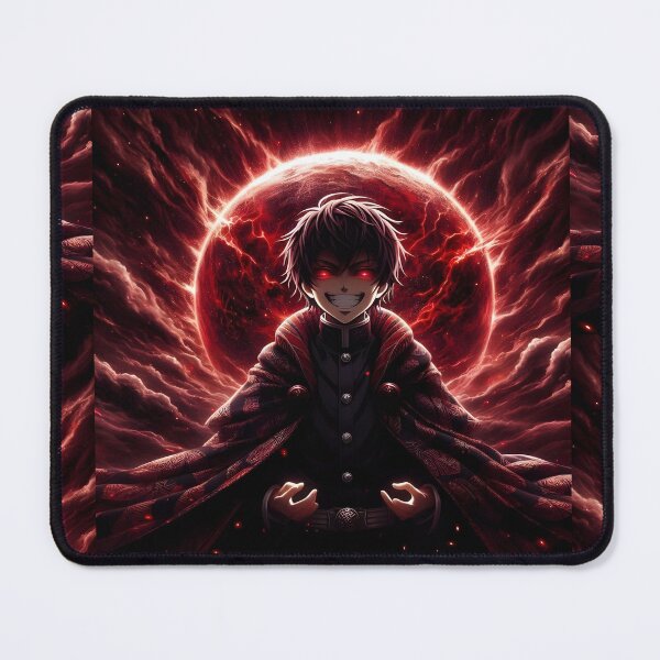 Item preview, Sinister Smile: Intense Dark Anime Boy Portrait with Glowing Red Eyes and Fiery Crimson Background designed and sold by MouradStudio.