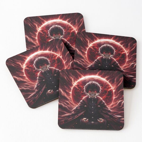 Item preview, Sinister Smile: Intense Dark Anime Boy Portrait with Glowing Red Eyes and Fiery Crimson Background designed and sold by MouradStudio.