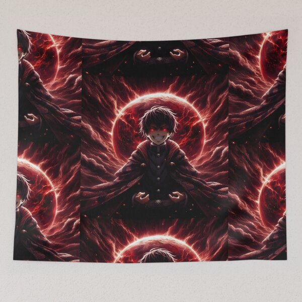 Item preview, Sinister Smile: Intense Dark Anime Boy Portrait with Glowing Red Eyes and Fiery Crimson Background designed and sold by MouradStudio.
