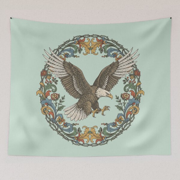 Item preview, Bald Eagle in Flight With Ornate Floral Frame Vintage Bird Illustration designed and sold by BirdsnStuff.