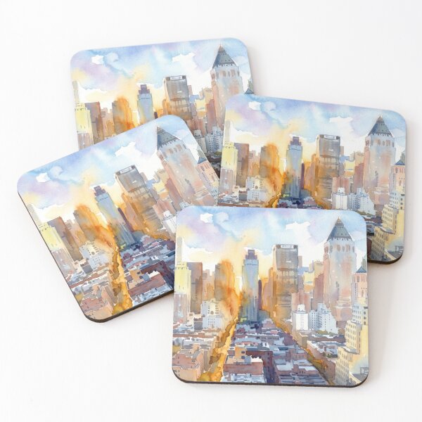Item preview, New York City Skyline Watercolor Sunset Painting designed and sold by caracatita75.
