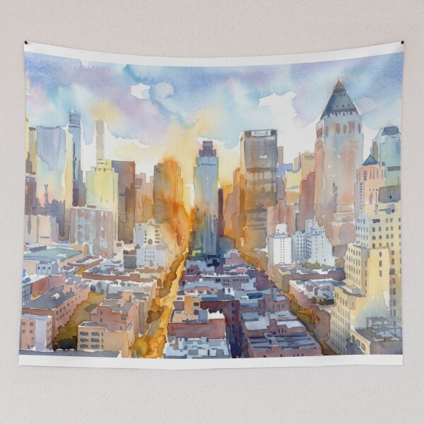 Item preview, New York City Skyline Watercolor Sunset Painting designed and sold by caracatita75.