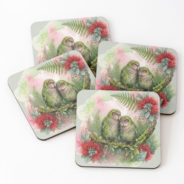 Item preview,  Kakapo and Pohutukawa, green back ground designed and sold by carole hirst.