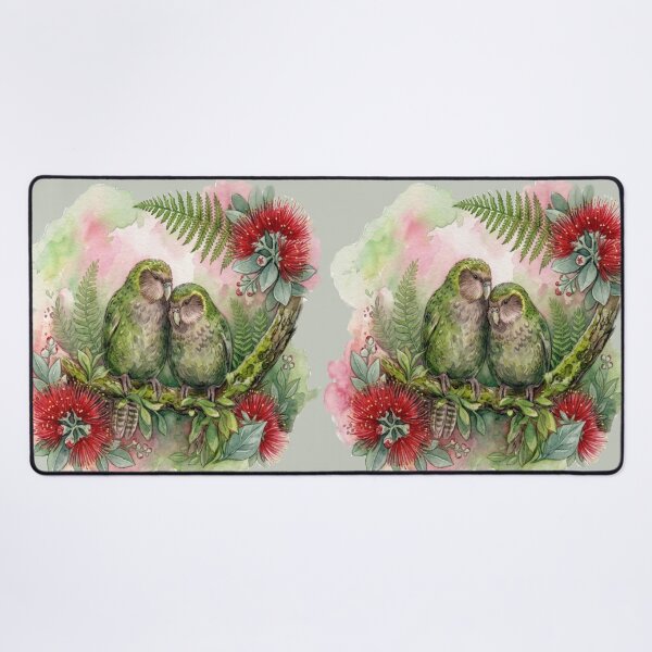 Item preview,  Kakapo and Pohutukawa, green back ground designed and sold by carole hirst.