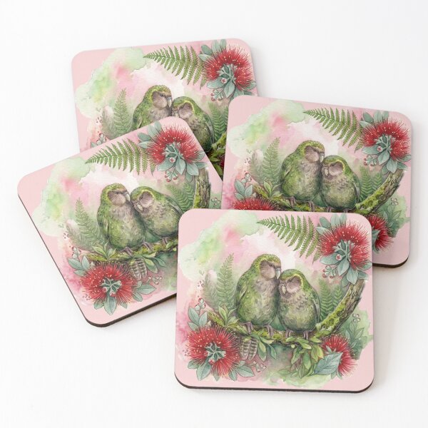 Item preview,  Kakapo and Pohutukawa, pink back ground designed and sold by carole hirst.
