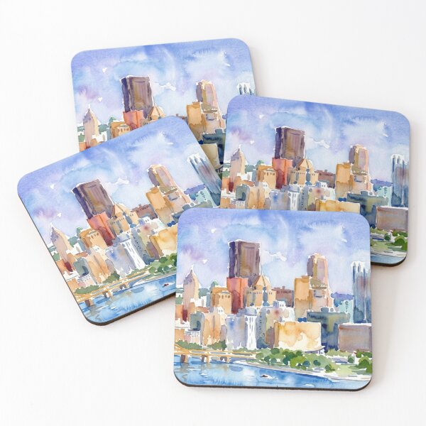 Item preview, Pittsburgh Skyline Watercolor Painting with Yellow Bridges designed and sold by caracatita75.