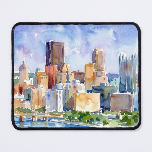 Item preview, Pittsburgh Skyline Watercolor Painting with Yellow Bridges designed and sold by caracatita75.