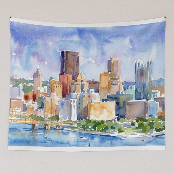 Item preview, Pittsburgh Skyline Watercolor Painting with Yellow Bridges designed and sold by caracatita75.