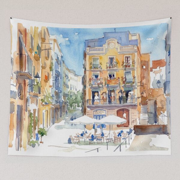 Item preview, Tarragona Spain Street Scene Watercolor Painting designed and sold by caracatita75.