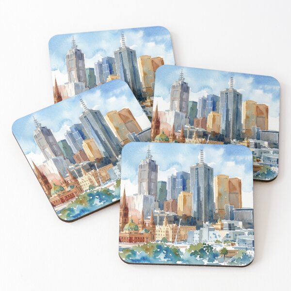 Artikelvorschau, Aquarellgemälde der Skyline von Melbourne, Australien entworfen und verkauft von caracatita75.