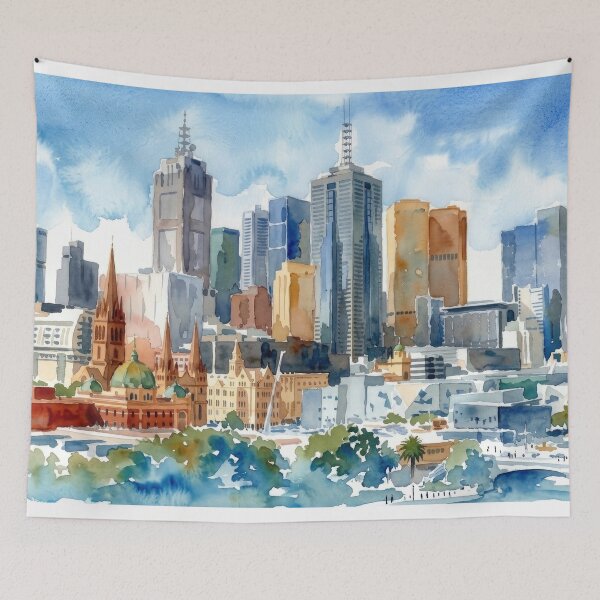 Item preview, Melbourne Australia Skyline Watercolor Painting designed and sold by caracatita75.