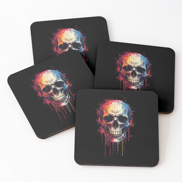 Artikelvorschau, Bunter Totenkopf-Kunstdruck mit Tropfenmuster – Neon-Totenkopf-Wanddeko für Räume mit dunkler Ästhetik entworfen und verkauft von Kruti Collection.