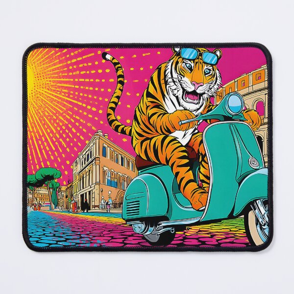 Item preview, Vibrant Tiger Riding a Scooter in a Colorful Scene designed and sold by Artessie.
