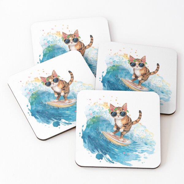Item preview, Cool Watercolor Cat Surfing Ocean Wave - Summer Vibes designed and sold by Timastorart.