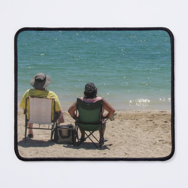 Item preview, Couple Sitting in Beach Chairs Facing Turquoise Ocean Waves Relaxing on Sunny Sandy Shore designed and sold by Nmallia.