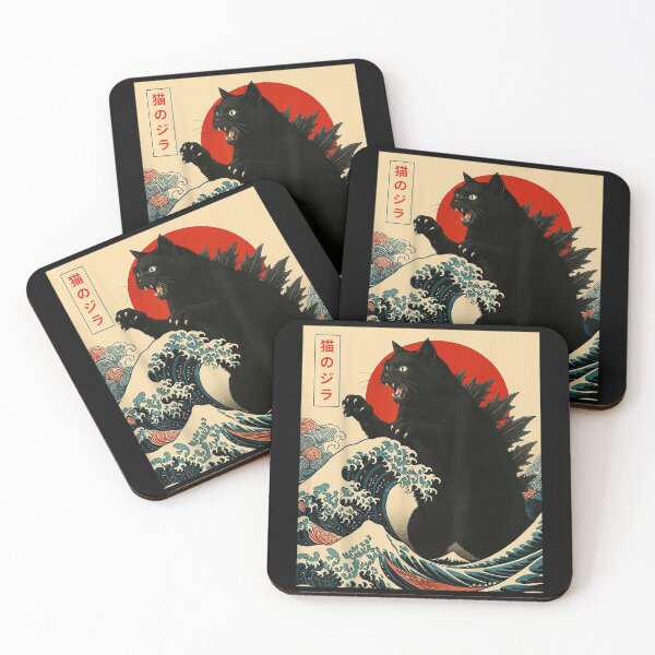 Item preview, Meowzilla Black Cat Kaiju Japanese Great Wave Off Kanagawa Red Sun designed and sold by BritCharley.