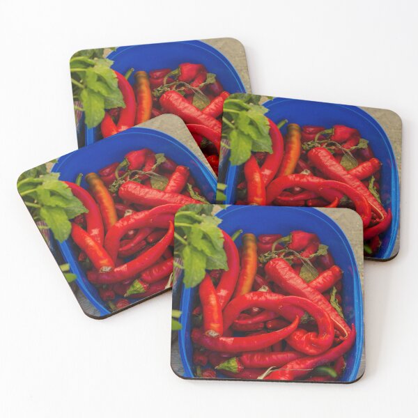 Item preview, Red Chili Peppers in Blue Container With Fresh Herbs on Wooden Table designed and sold by Nmallia.