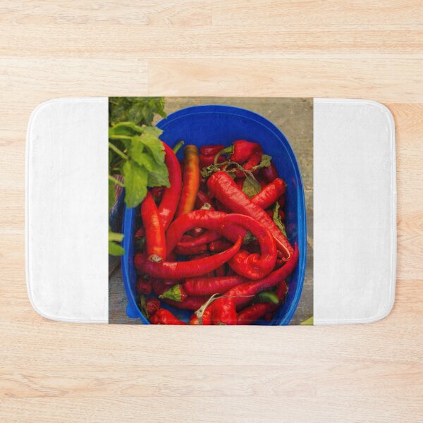 Item preview, Red Chili Peppers in Blue Container With Fresh Herbs on Wooden Table designed and sold by Nmallia.