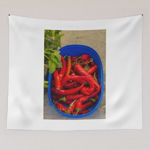 Item preview, Red Chili Peppers in Blue Container With Fresh Herbs on Wooden Table designed and sold by Nmallia.