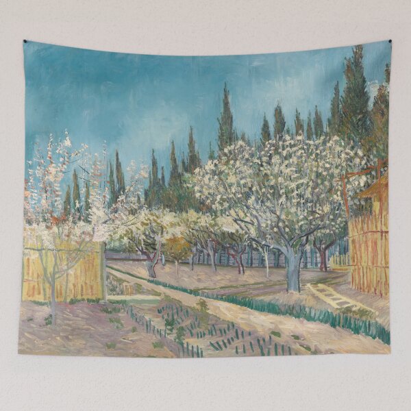 Item preview, Orchard Bordered By Cypresses by Vincent van Gogh: Post Impressionist Print designed and sold by artofuniverse.