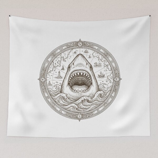 Item preview, Vintage Shark Compass Ocean Explorer Nautical Map designed and sold by AntiqueImages.