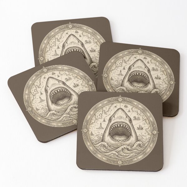 Item preview, Vintage Great White Shark Compass Ocean Map designed and sold by AntiqueImages.