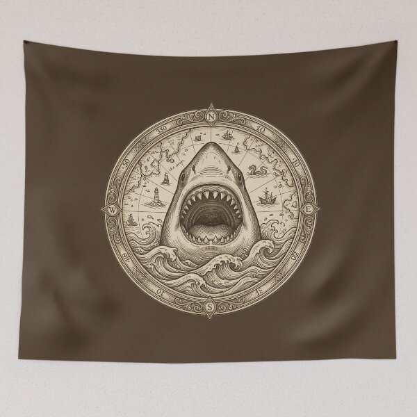Item preview, Vintage Great White Shark Compass Ocean Map designed and sold by AntiqueImages.