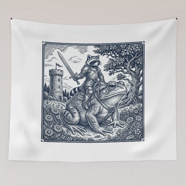 Item preview, Vintage Raccoon Knight Riding Frog Medieval Fantasy Goblincore Dark Art designed and sold by EvrmoodCo.
