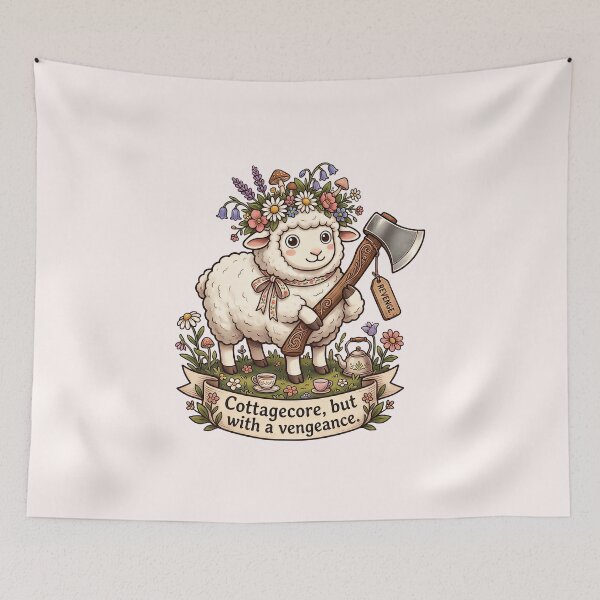 Item preview, Cottagecore With A Vengeance - Cute Sheep With Axe Meme designed and sold by SylwiaPrint.