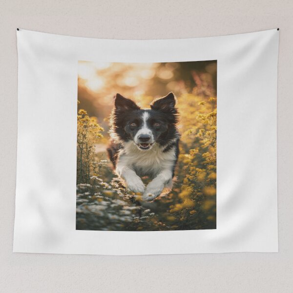 Item preview, Happy Border Collie Running Golden Hour Field designed and sold by NicolasGlowArt.