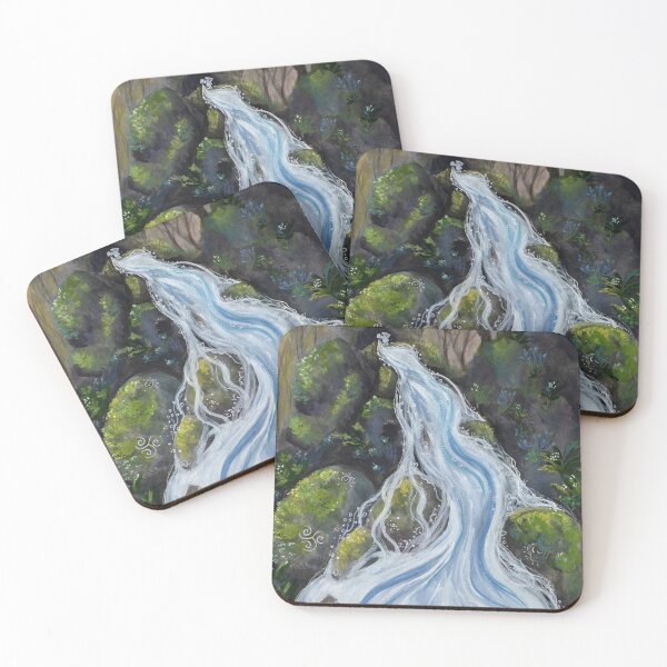 Item preview, Watercolor illustration of a mystical waterfall flowing over mossy rocks with ancient symbols designed and sold by rusmashart.